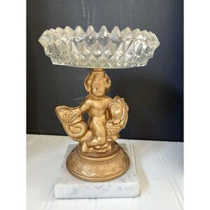 Vintage Hollywood Regency Cut Glass Cherub Fish Soap Vanity Candy Candle Dish